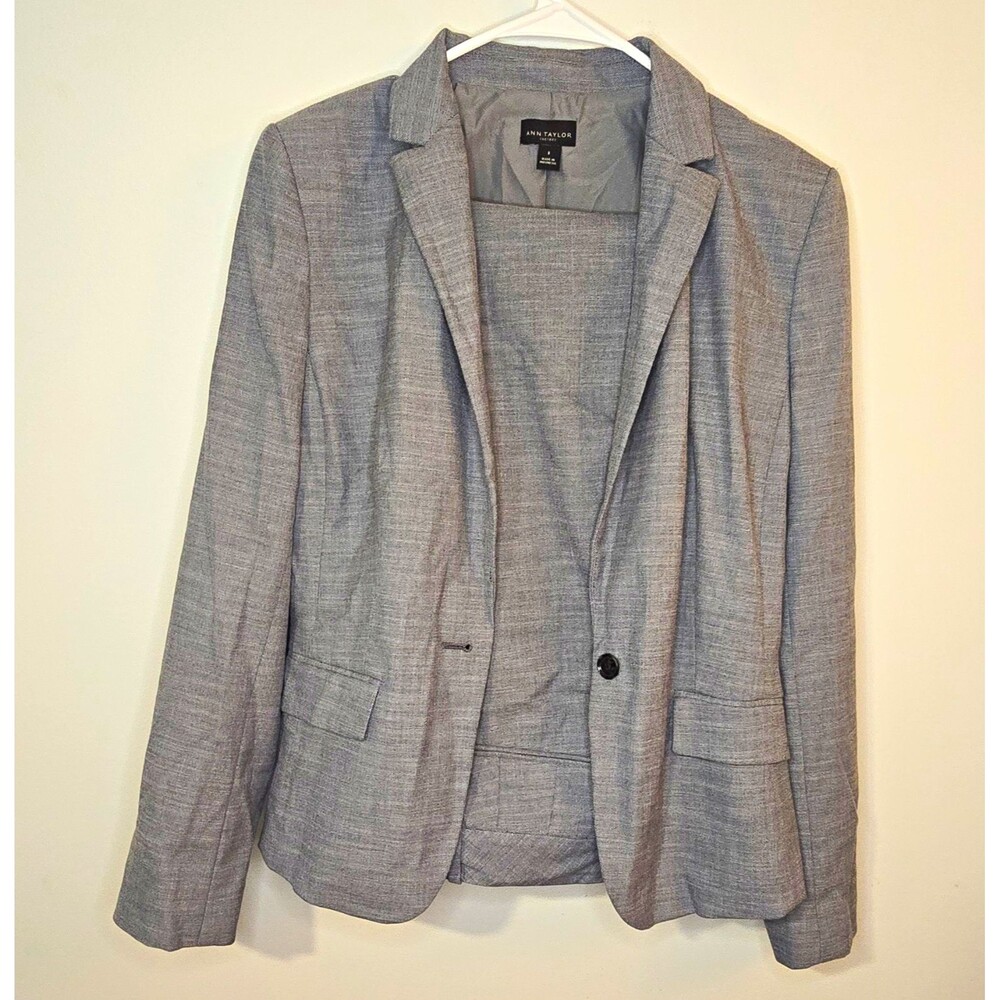 Ann Taylor Factory 2pc Solid Gray Pant Suit Size 8 Notch Lapel Lined Washable